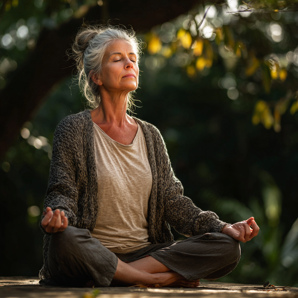 Mature woman practicing mindful yoga meditation in serene natural environment